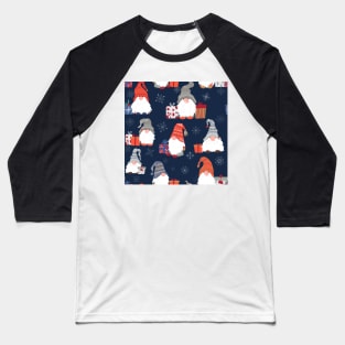 Christmas Gnomes with Snowflakes and Presents on Midnight Blue Baseball T-Shirt